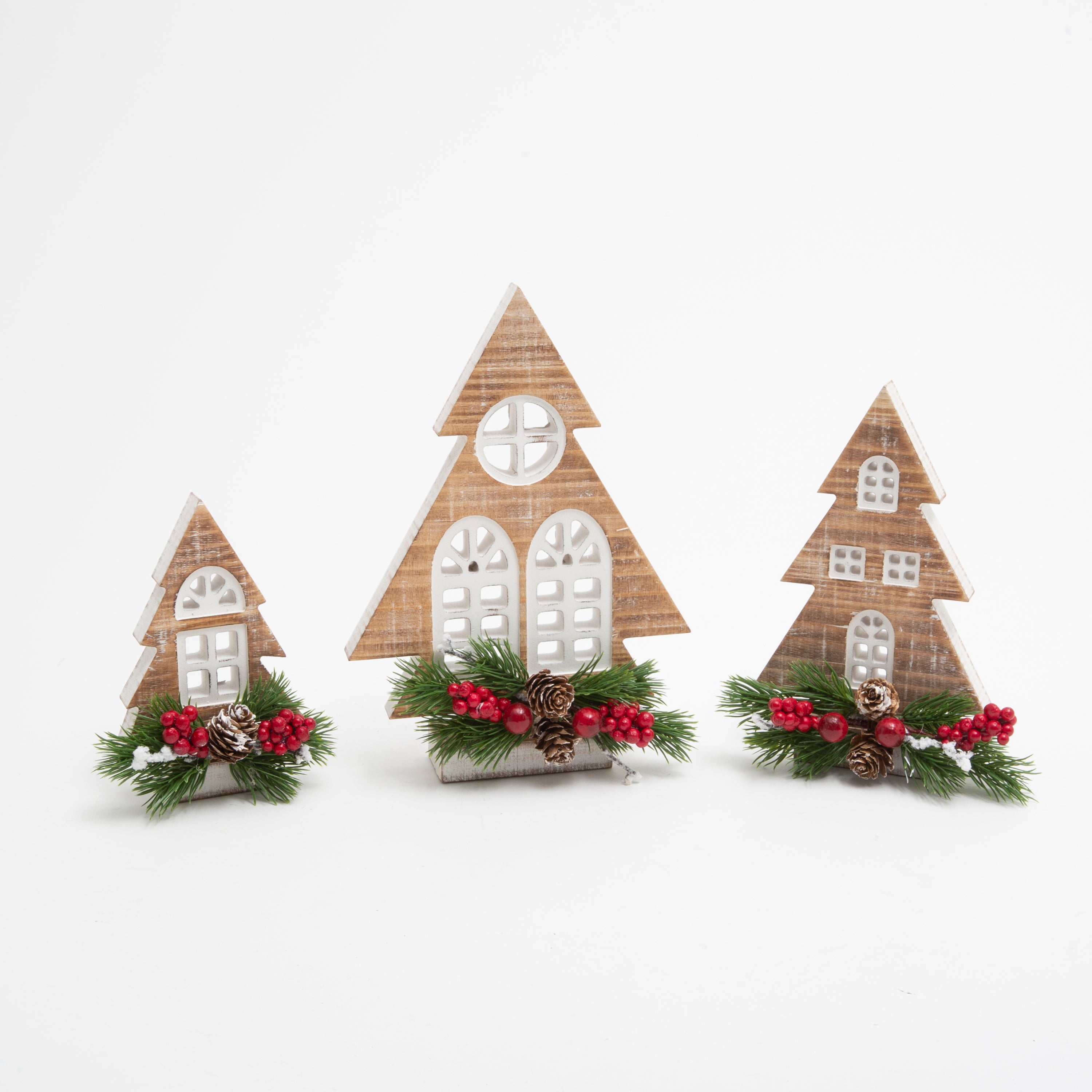 Polished Wood Holiday Tree Design Homes with Floral Accent, Set of 3